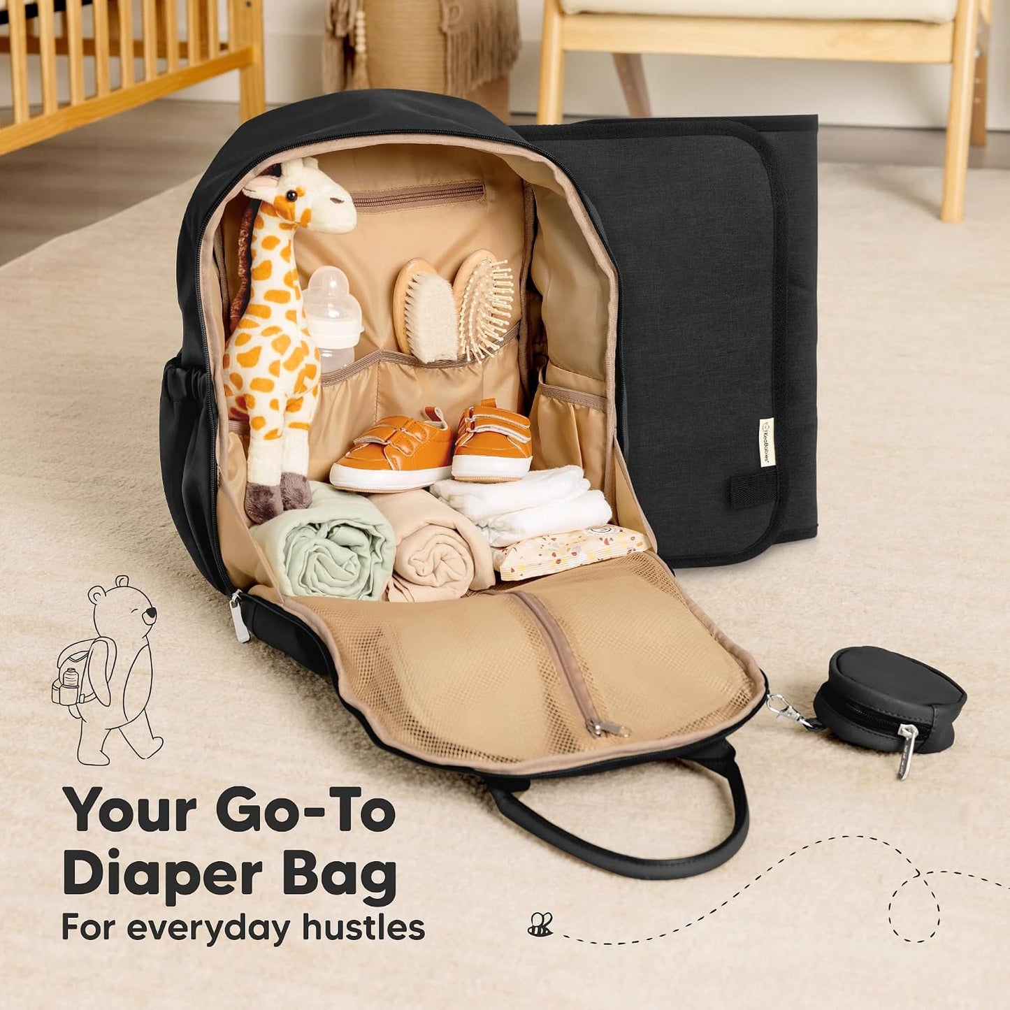 Diaper Bag Backpack, Travel Diaper Back Packs (Trendy Black, J)