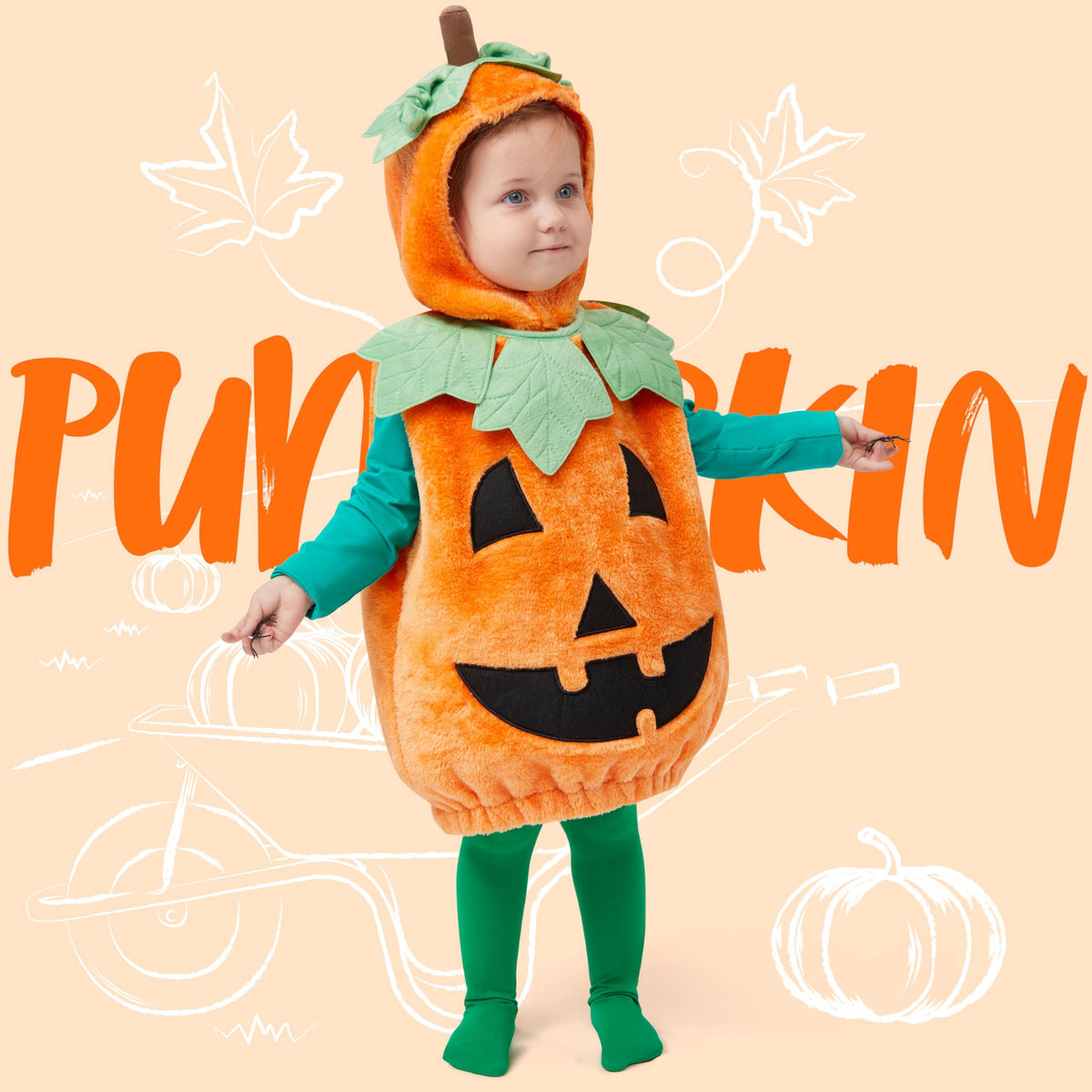Halloween Pumpkin Costume for Infant, Pumpkin Costume with Plush Green Leaves, Halloween Party Dress up Costume 18-24 Months