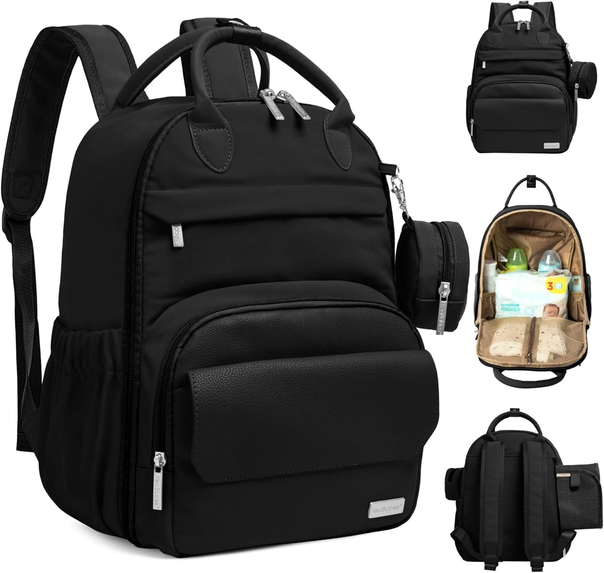 Diaper Bag Backpack, Travel Diaper Back Packs (Trendy Black, J)