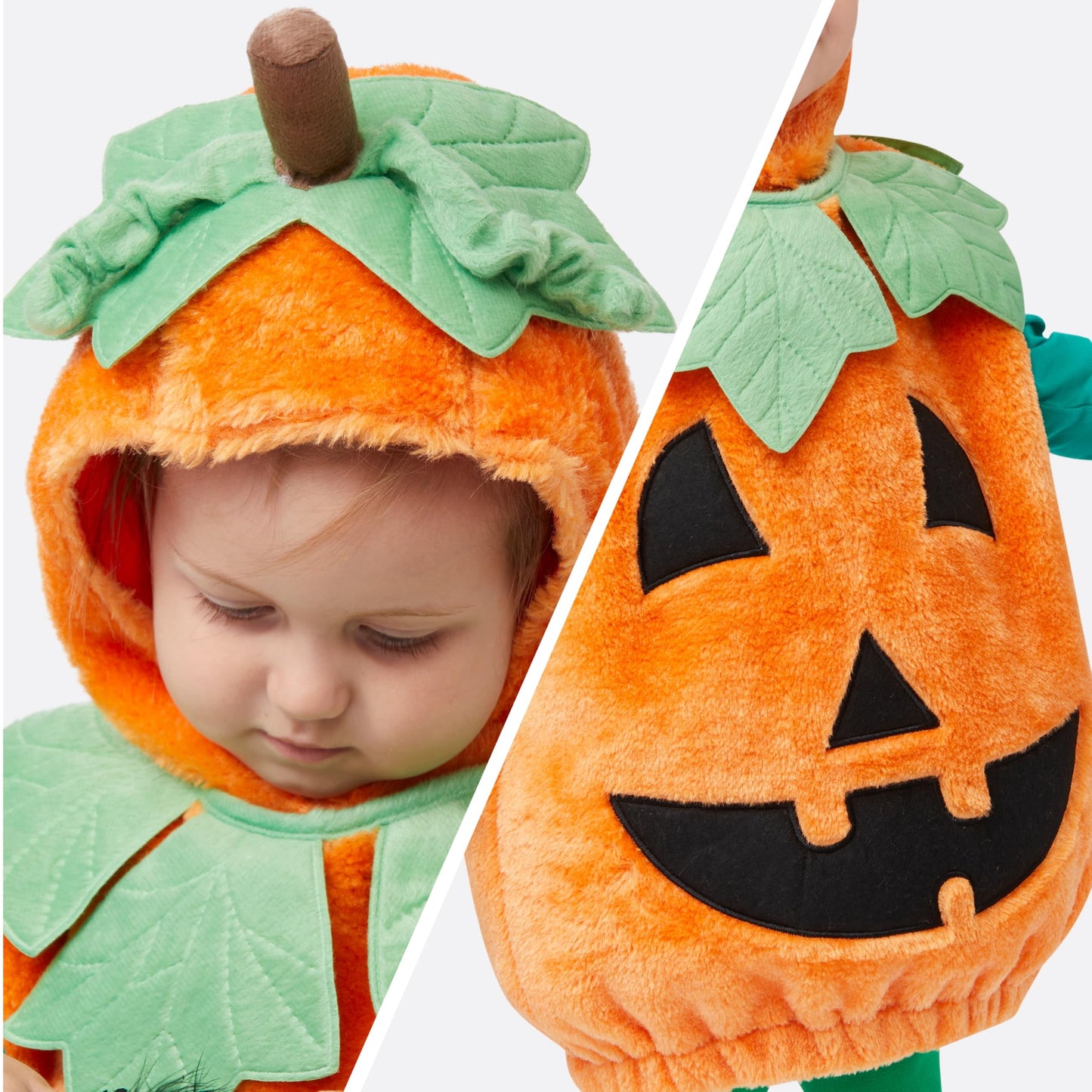 Halloween Pumpkin Costume for Infant, Pumpkin Costume with Plush Green Leaves, Halloween Party Dress up Costume 18-24 Months