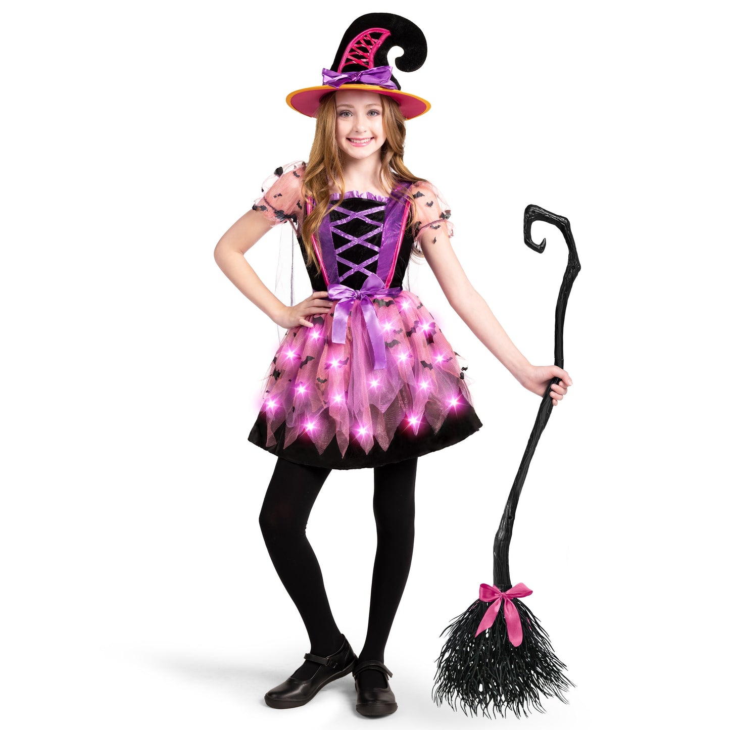 Kids Witch Costume, Girls Light up Witch Costume with Hat and Broom Outfits Set for Toddler Halloween Dress up Cosplay