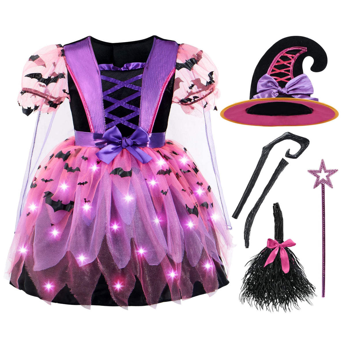 Kids Witch Costume, Girls Light up Witch Costume with Hat and Broom Outfits Set for Toddler Halloween Dress up Cosplay