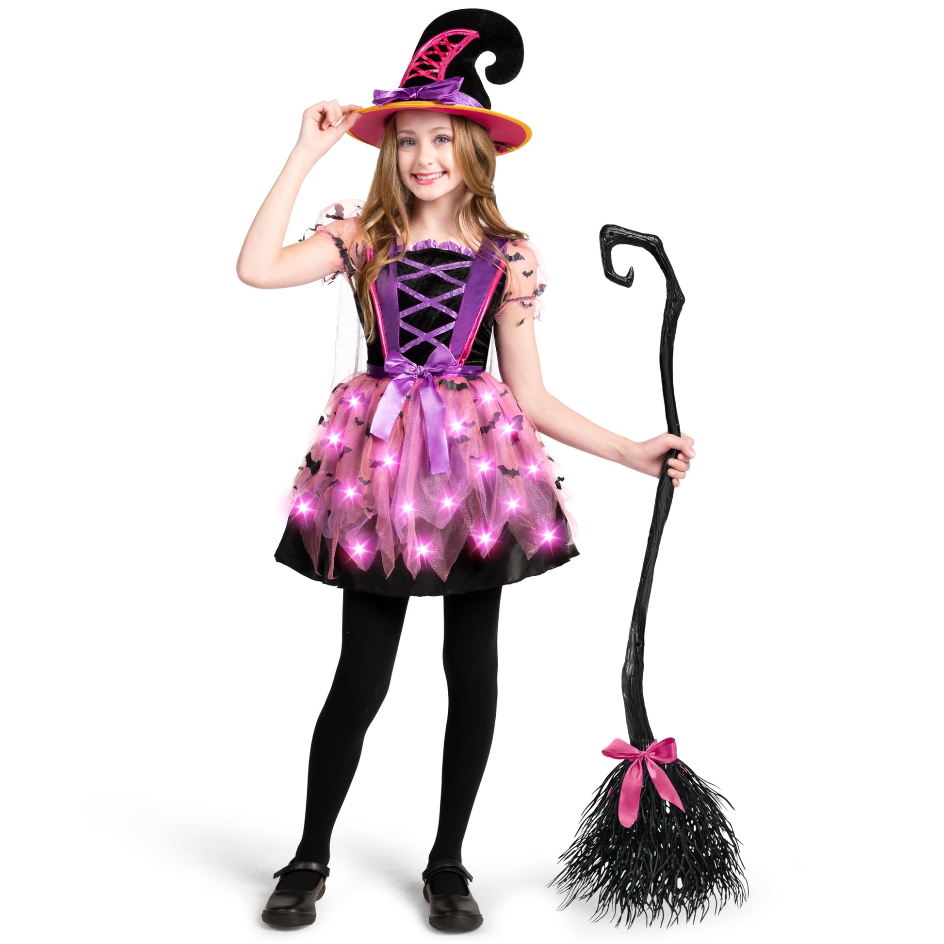 Kids Witch Costume, Girls Light up Witch Costume with Hat and Broom Outfits Set for Toddler Halloween Dress up Cosplay