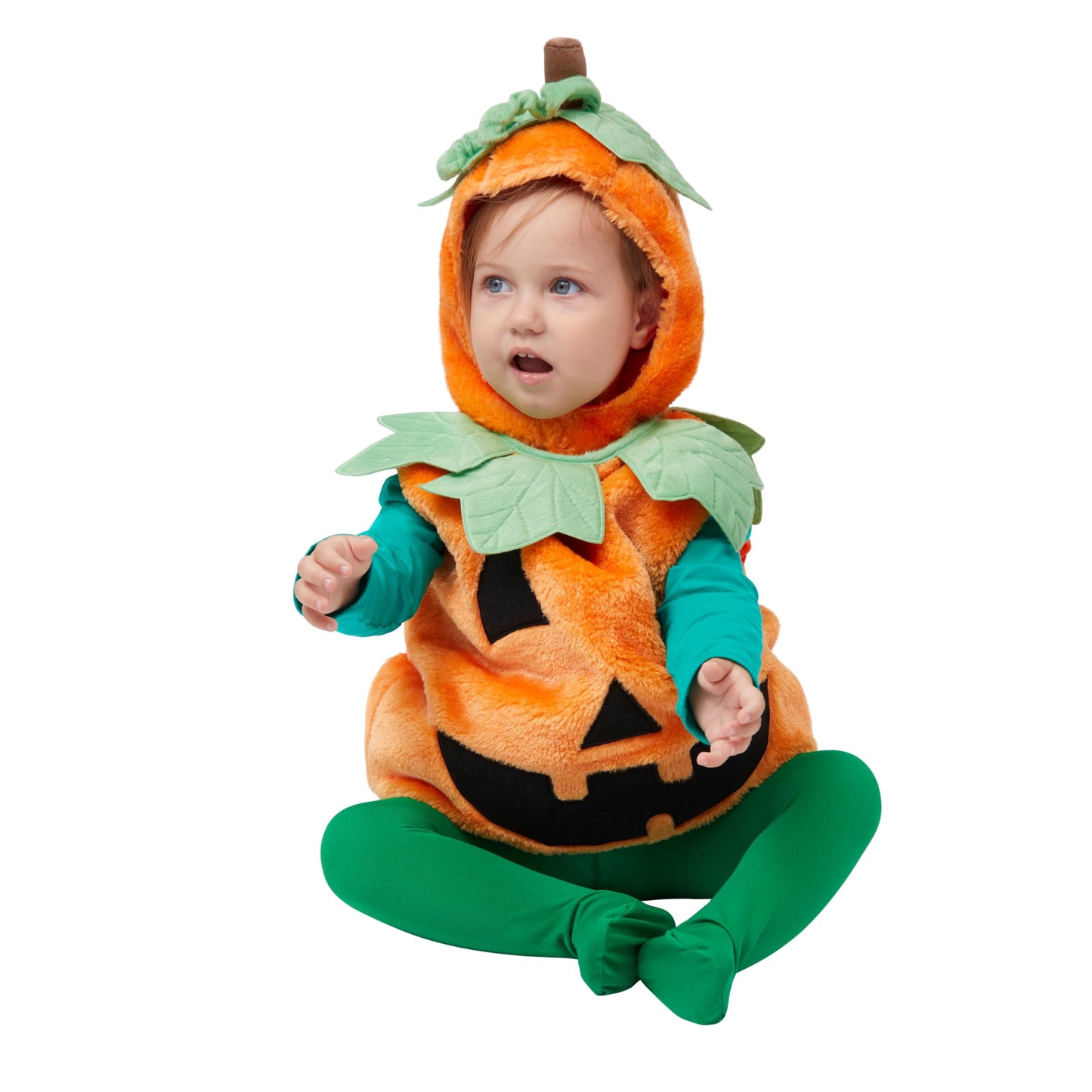 Halloween Pumpkin Costume for Infant, Pumpkin Costume with Plush Green Leaves, Halloween Party Dress up Costume 18-24 Months