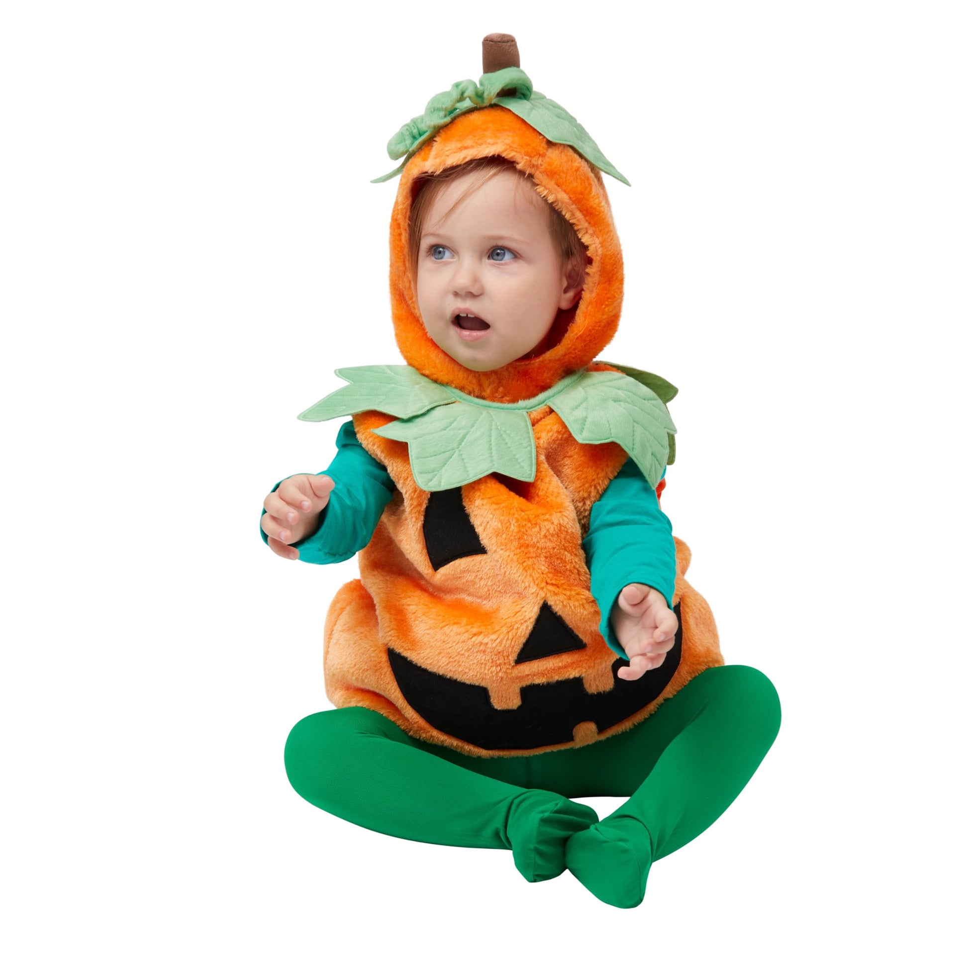 Halloween Pumpkin Costume for Infant, Pumpkin Costume with Plush Green Leaves, Halloween Party Dress up Costume 18-24 Months