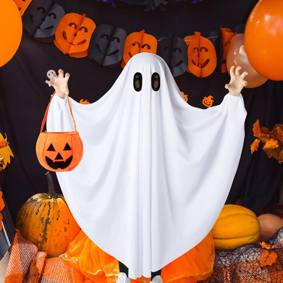 Ghost Costume for Kids, Toddler Ghost Costume with Pumpkin Bag