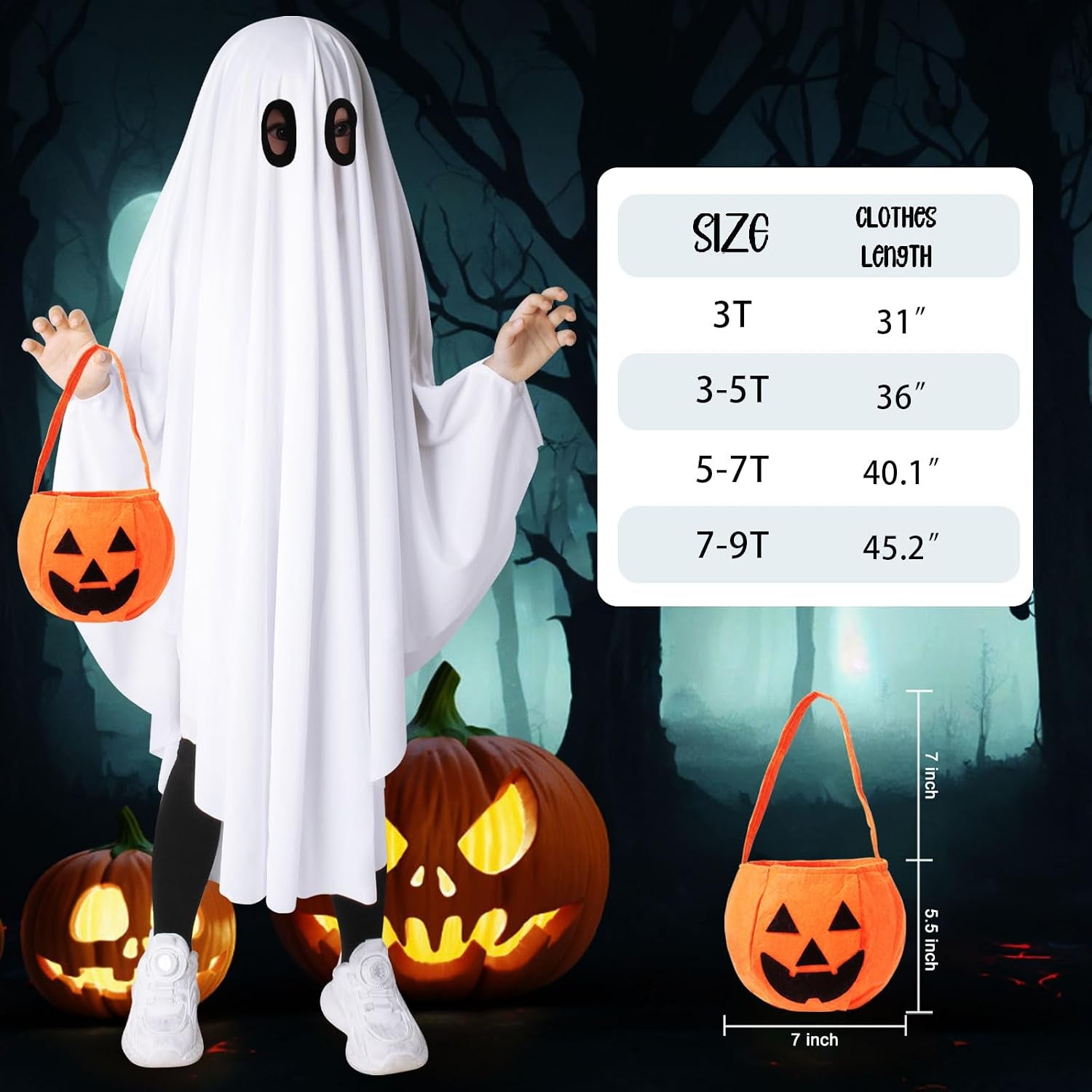 Ghost Costume for Kids, Toddler Ghost Costume with Pumpkin Bag