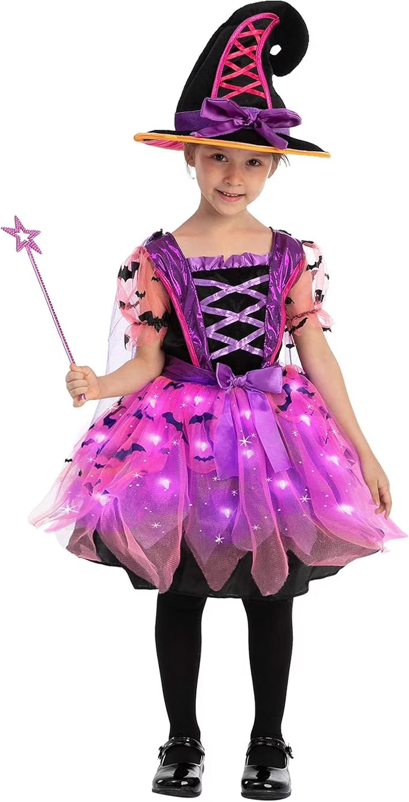 Kids Witch Costume, Girls Light up Witch Costume with Hat and Broom Outfits Set for Toddler Halloween Dress up Cosplay