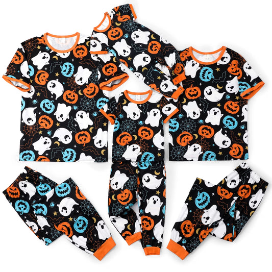 Halloween Pajamas Kids Girls Boys Family Matching Ghost and Pumpkin Allover Print Short Sleeve Top & Pants Pj Sets, Black, 6-7 Years