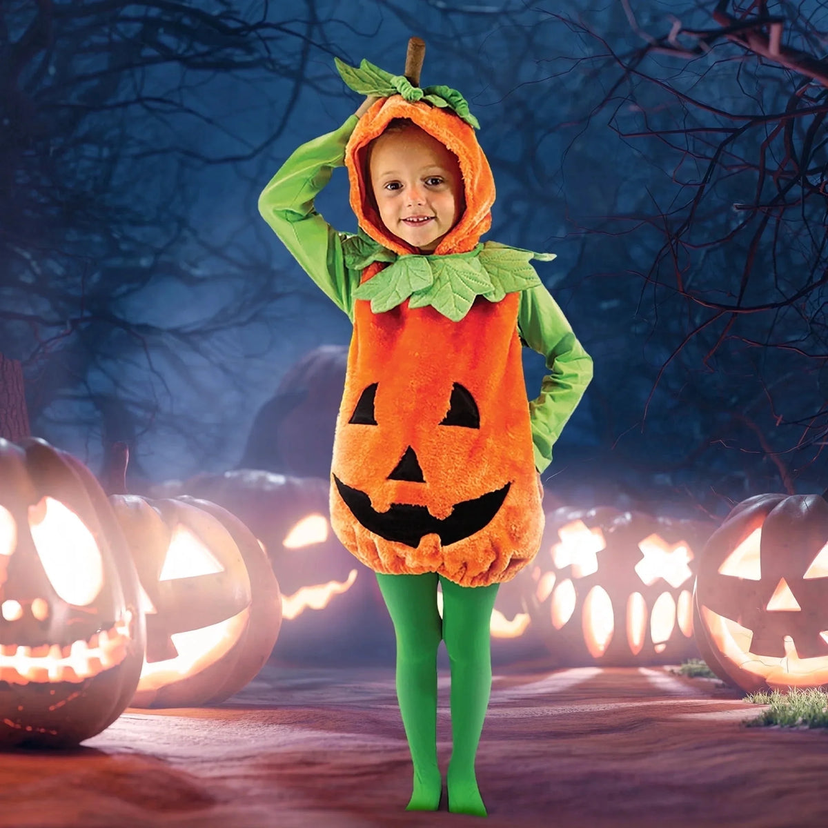 Halloween Pumpkin Costume for Infant, Pumpkin Costume with Plush Green Leaves, Halloween Party Dress up Costume 18-24 Months
