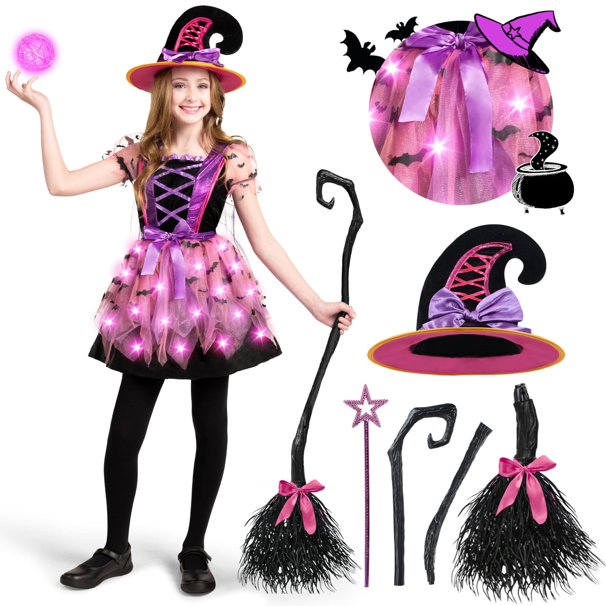 Kids Witch Costume, Girls Light up Witch Costume with Hat and Broom Outfits Set for Toddler Halloween Dress up Cosplay