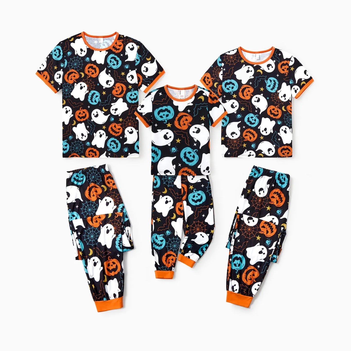 Halloween Pajamas Kids Girls Boys Family Matching Ghost and Pumpkin Allover Print Short Sleeve Top & Pants Pj Sets, Black, 6-7 Years
