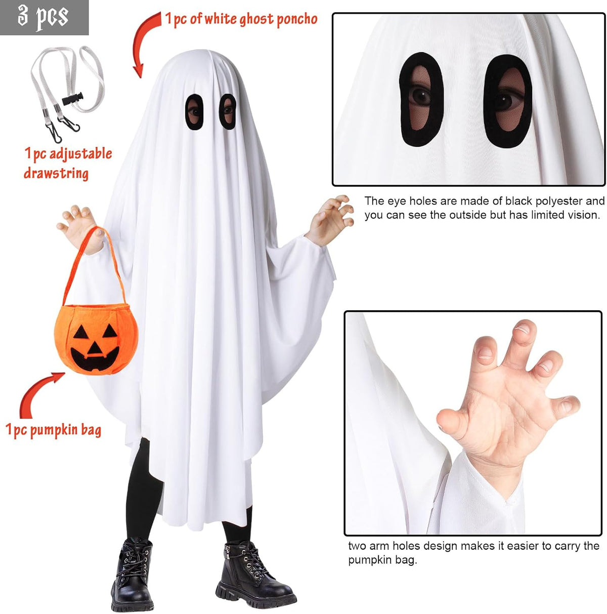 Ghost Costume for Kids, Toddler Ghost Costume with Pumpkin Bag
