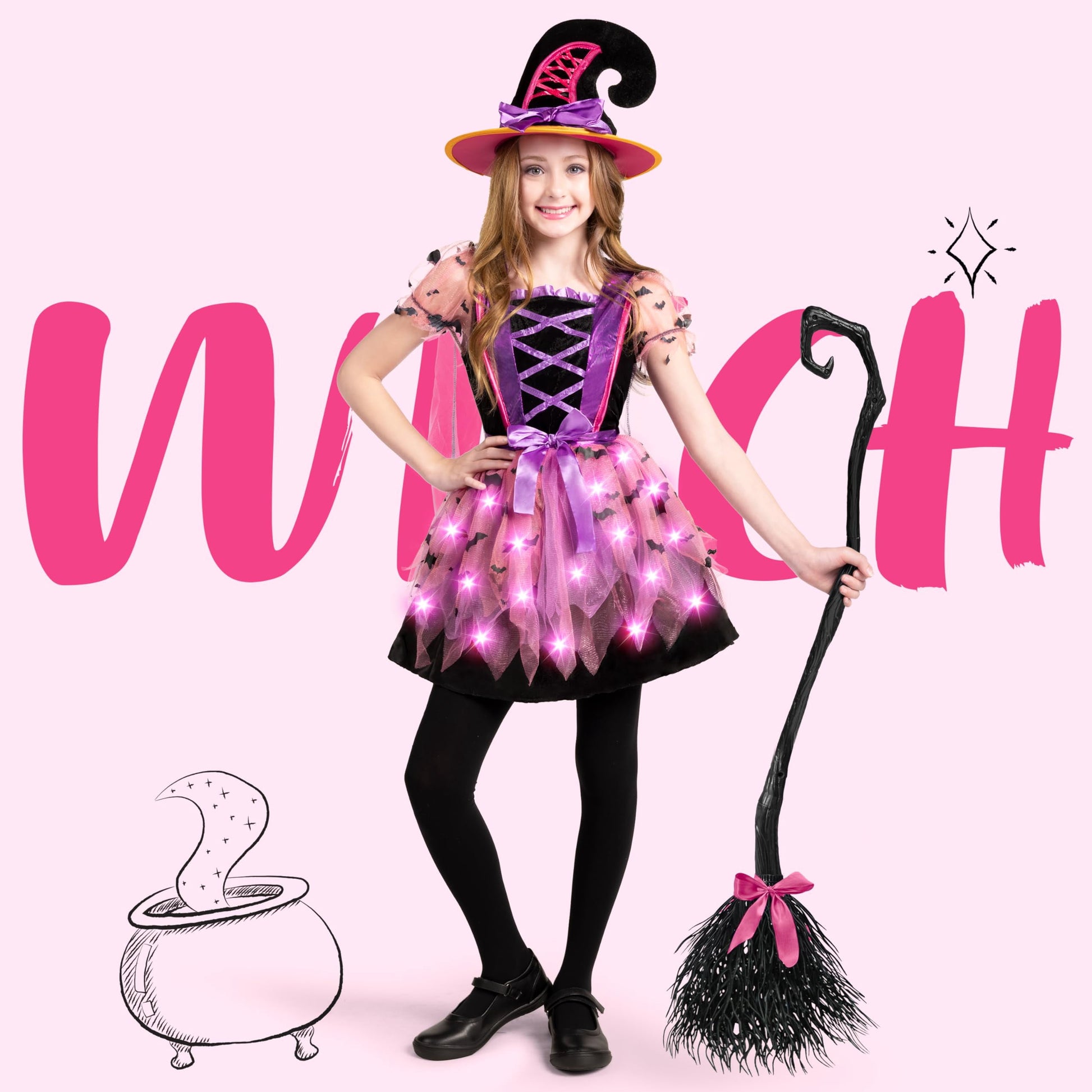 Kids Witch Costume, Girls Light up Witch Costume with Hat and Broom Outfits Set for Toddler Halloween Dress up Cosplay