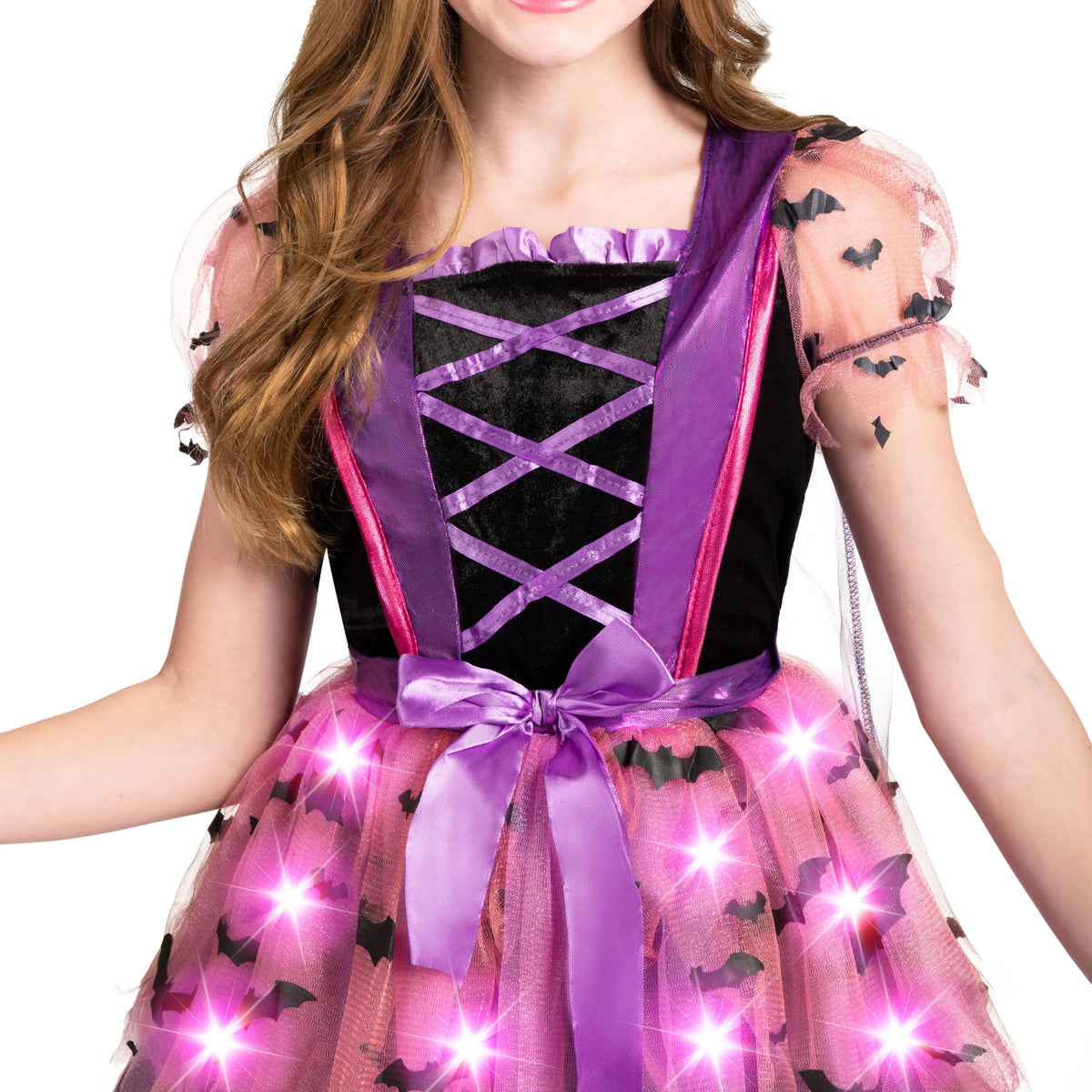 Kids Witch Costume, Girls Light up Witch Costume with Hat and Broom Outfits Set for Toddler Halloween Dress up Cosplay