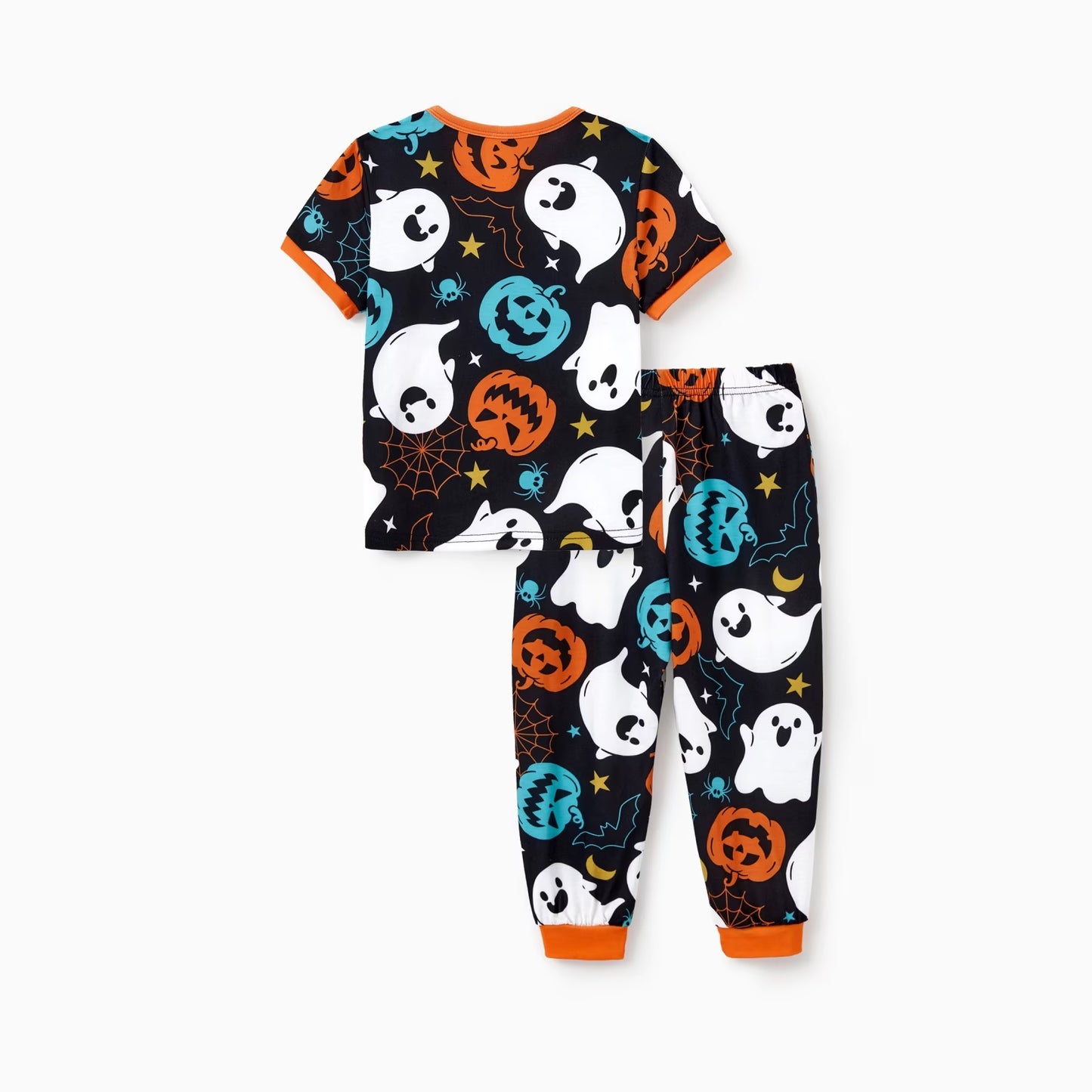 Halloween Pajamas Kids Girls Boys Family Matching Ghost and Pumpkin Allover Print Short Sleeve Top & Pants Pj Sets, Black, 6-7 Years
